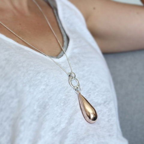 Long Silver Plated Necklace With Rose Gold Teardrop