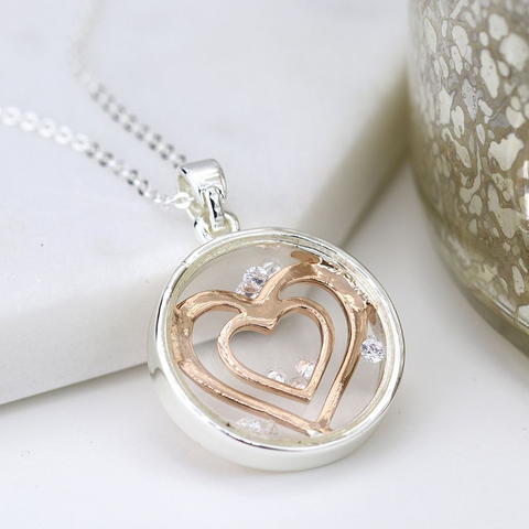 Silver Plated Circle Frame Crystal Heart Necklace
