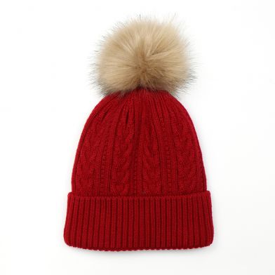 Red Cable Knit Faux Fur Bobble Hat