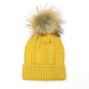 Mustard Cable Knit Faux Fur Bobble Hat